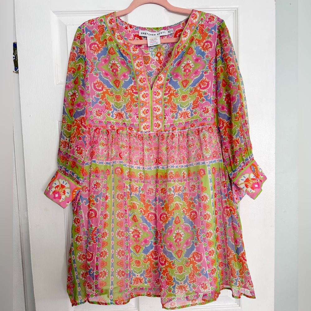 Gretchen Scott Mosaic Printed Silk Chiffon Folk Dress Tunic M